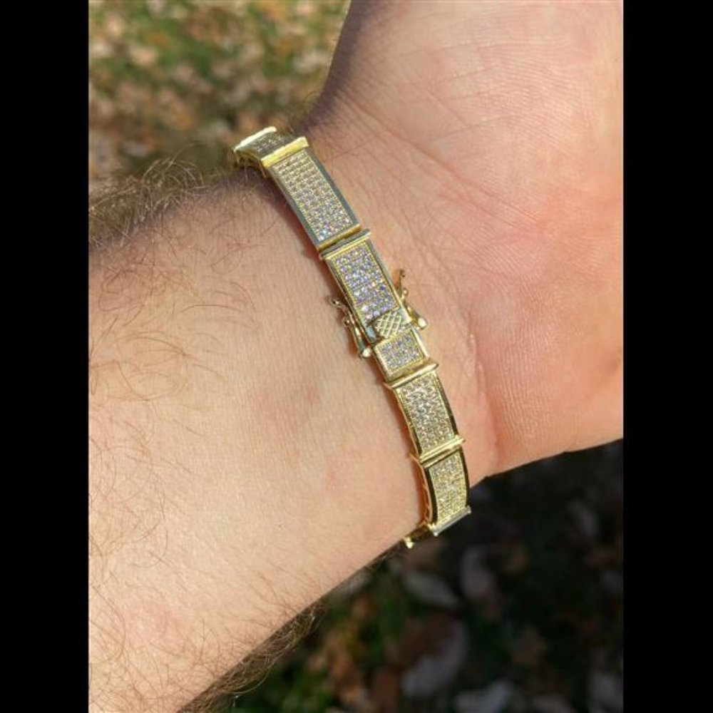 COPY - 14k Gold Over Solid 925 Sterling Silver Mens Iced Flooded Out Bracelet D… - Picture 6 of 10